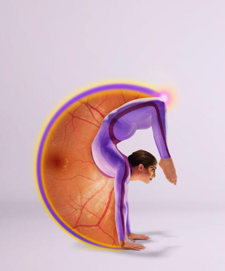 A talented contortionist doing a handstand has curved her back to bring her toes down in front of her eyes, forming a G shape with her body. The movement created a semicircle which is filled with an image of the back of an eye. The edge of the circle glows.