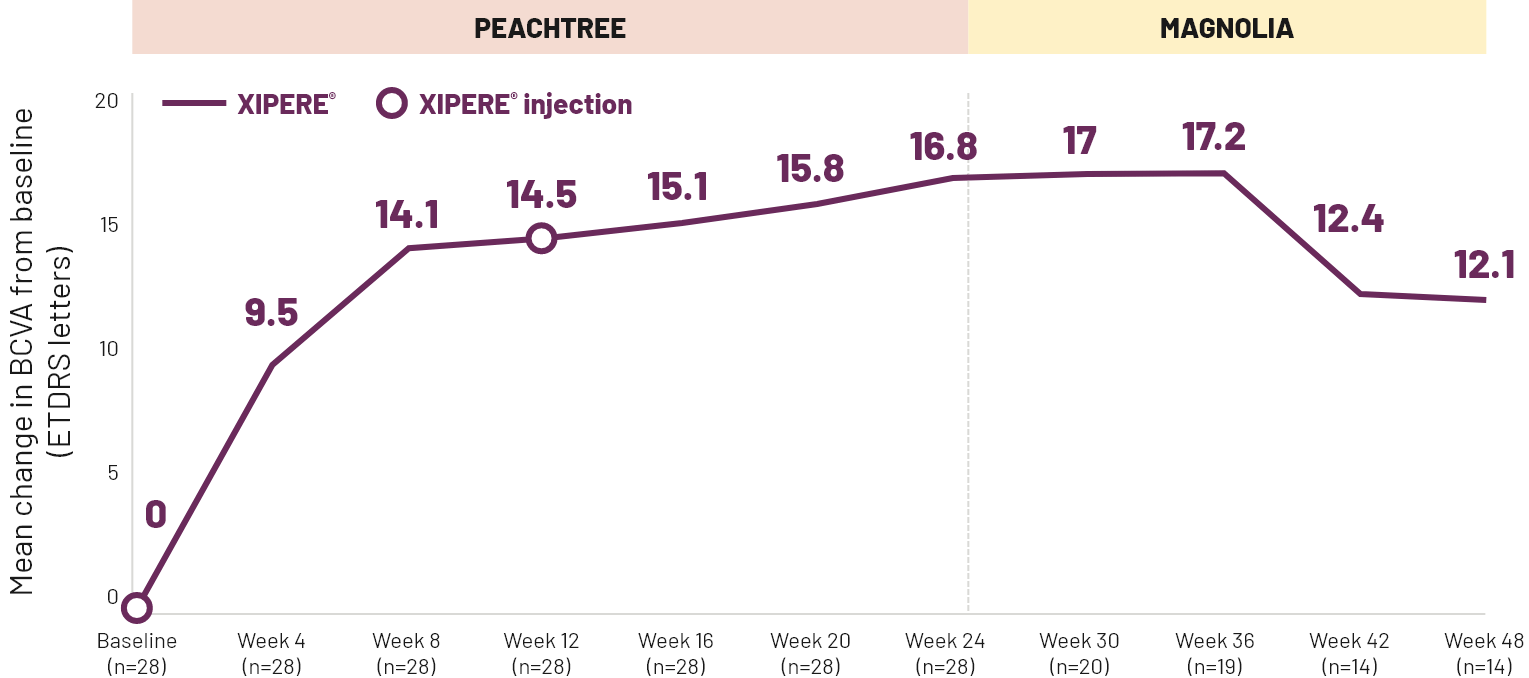 Line graph showing the mean change in BCVA from baseline to Week 48 for patients treated with XIPERE&reg;.